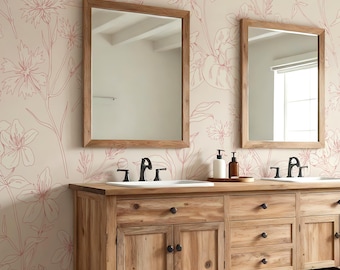 Floral Wallpaper, Botanical Wallpaper, Pink Romantic Wallpaper, Peel and Stick Cottage Wallpaper 0404-104