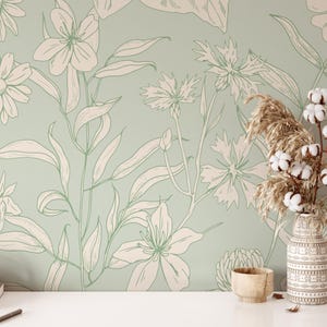 Sage Green Botanical WALLPAPER - PREPASTED Wildflowers Removable Wallpaper, Floral Nursery, Green Sage Wallpaper 0403-78