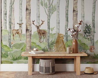 Removable CANVAS WALLPAPER WESTON Seamless Mural Pine Tree Boy Nursery Watercolors Woodland Wallpaper Peel and Stick Opaque Textured 0249