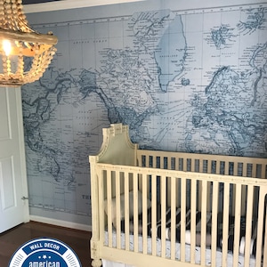 Removable Wallpaper Nursery Wall Mural WORLD MAP Atlas Wall Self Adhesive Peel and Stick Fabric Decal Wallpaper Vintage Decor Map 010
