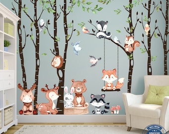 Wall Vinyl Decals Neutral Nursery, Woodland Nursery 6 Trees Set, Cute Forest Animals, Woodland Mural, Nursery Mural, Peel and Stick Animals