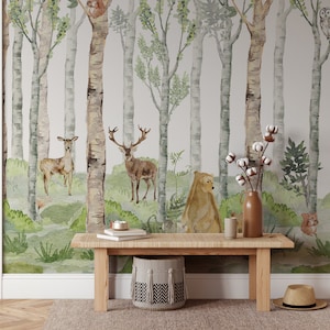 Removable CANVAS WALLPAPER WESTON Seamless Mural Pine Tree Boy Nursery Watercolors Woodland Wallpaper Peel and Stick Opaque Textured 0249