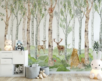 Removable PREPASTED WALLPAPER WESTON Seamless Pine Tree Boy Nursery Watercolors Woodland Forest Wallpaper | It Works Textured Walls  249