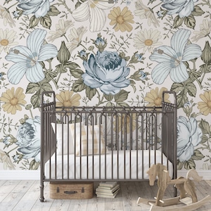 Vintage Blue Flowers Wallpaper - Traditional Unpasted WALLPAPER, Eclectic Floral Girl Nursery Decor, Blue Roses Peony, Large Flowers 0135-78