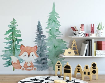 Fox Nursery Orange Baby Fox in the Pine Forest Wall Decal Watercolor Fox Sticker Peel and Stick wall decor Woodland Nursery Forest Animals