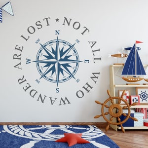 Compass Rose WALL DECAL Nautical Beach Decor Wall Beach Decor &quot;Not All Who Wander Are Lost&quot; Removable Vinyl Many Colors