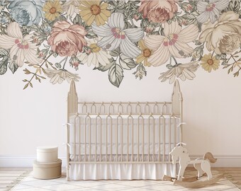 Floral Nursery Removable Vinyl Fabric Wall Decals CAMILA Border Vintage Flowers Wall Stickers Roses Hibiscus Peonies  Floral Décor Baby Girl