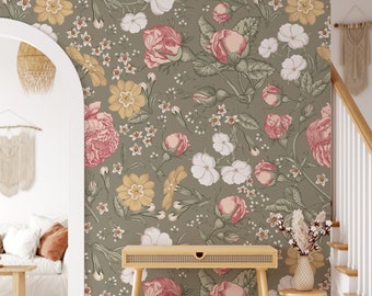 Removable WALLPAPER KAYLA Vintage Flowers Pink Roses Dark Eclectic Floral Girl Nursery Peel and Stick Botanical Dark Wallpaper Fabric 0263