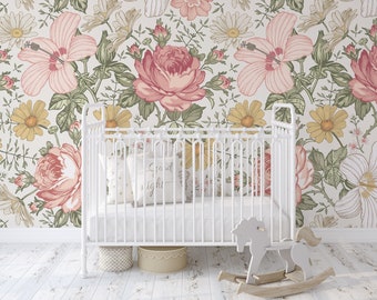 Pink Floral Nursery Wallpaper, Baby Girl Wallpaper Mural, Removable Wallpaper OLENA 0131-78