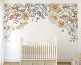 Floral Nursery REMOVABLE Wall Decals CAMILA CANOPY Vintage Flowers Wall Stickers Roses Hibiscus Peonies Retro Floral Décor Girls Baby Room