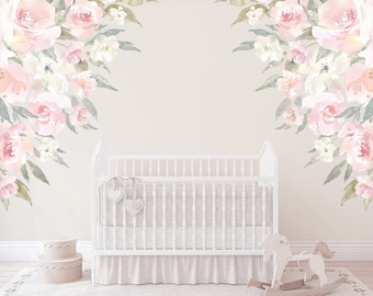 DELANEY CORNERS Wall Decals Nursery Decor Watercolor Flower Mural Blush Pink Floral Garden Decor Girls Baby Room Baby Blooms Peonies