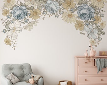 Floral Nursery REMOVABLE Wall Decals JAZMARIE New CANOPY Vintage Flowers Wall Stickers Roses Hibiscus Peonies Retro Floral Décor Blue Yellow