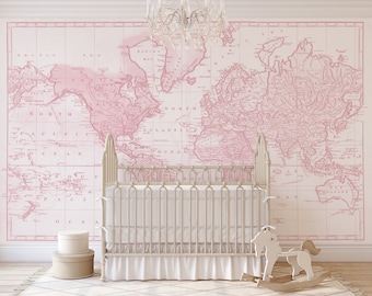 Vintage World Map Nursery Mural, Baby Colors Peel and Stick Fabric Wallpaper, Antique Atlas Map Wall Art