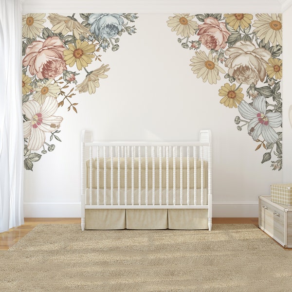 Camila Floral CORNERS Wall Decals for Baby Girl Nursery, Vintage Flower Wall Stickers