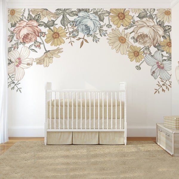 Baby Girl Nursery Floral Wall Decals, Camila Wall-to-Wall Vintage Flower Canopy, Nursery Wall Decor