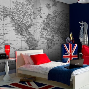 WORLD MAP Atlas Wall Decal Poster Mural Decal Sticker Wall Vinyl or Fabric Geography Wallpaper Vintage Map Decor 010