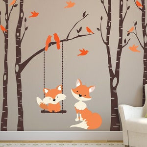 Woodland Nursery Wall Decals | Orange Fox Wall Decals, Mom & Baby Fox, 4 Birch Trees Vinyl Decal,   Forest Trees Wall Stickers Fox Birds