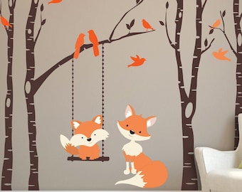 Woodland Nursery Wall Decals | Orange Fox Wall Decals, Mom & Baby Fox, 4 Birch Trees Vinyl Decal,   Forest Trees Wall Stickers Fox Birds