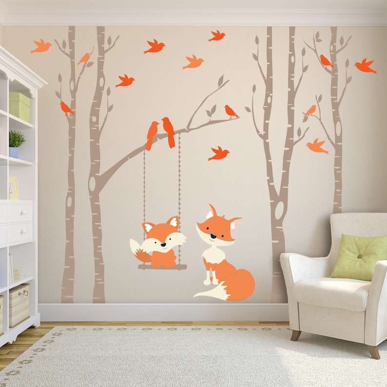 FOX Wall Decals 4 Trees Birch Nursery Vinyl Decor FOX Swinging Etsy