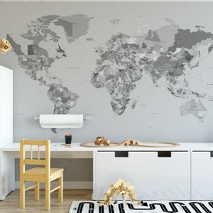 Removable Wallpaper WORLD ATLAS Gray Political MAP Mural Wall Decal peel and stick Fabric Geography Wallpaper Map Decor Countries Mercator