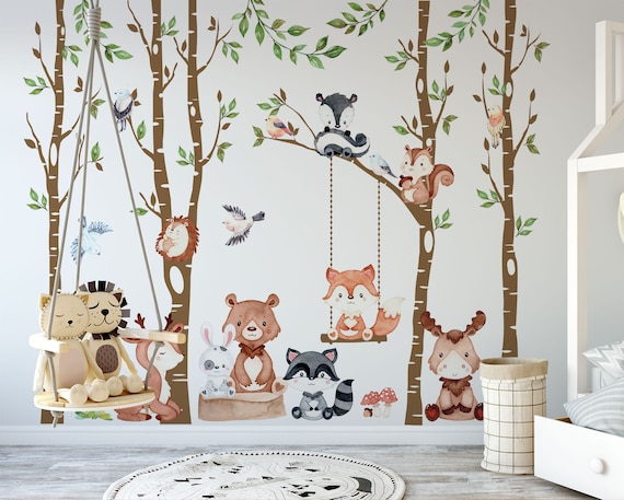 Woodland Decor Nursery Baby Wall Decals 4 Trees 9 Animals 6