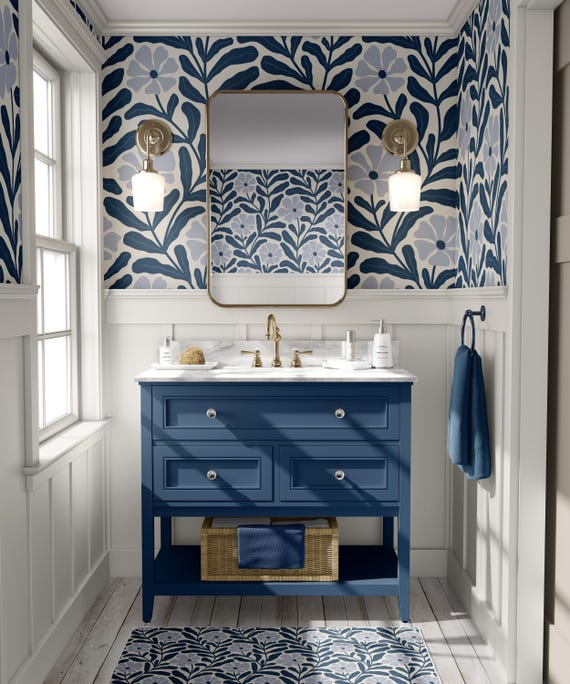 Removable PREPASTED Wallpaper, Navy Blue Large Floral Wallpaper, Bathroom Wallpaper, Abstract Wallpaper, Blue Wallpaper, Boho Decor 0402-52