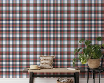 Removable Peel & Stick CANVAS WALLPAPER | Plaid Stewart Dress Clan, Red Green Tartan Wallpaper T006-13
