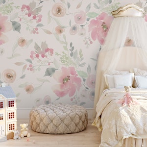 SAMPLES ELIZABETH Canvas Fabric Prepaste Traditional Wallpaper Pink Watercolor Flower Nursery Décor Girl Bedroom Wallcovering 0133