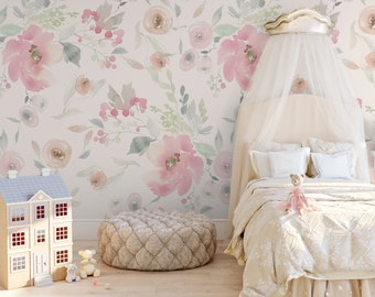 SAMPLES ELIZABETH Canvas Fabric Prepaste Traditional Wallpaper Pink Watercolor Flower Nursery Décor Girl Bedroom Wallcovering 0133