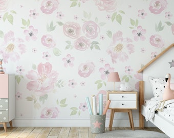 REMOVABLE WALLPAPER Bella L PREPASTED Pink Wallpaper, Watercolor Floral Wallpaper Girls Nursery Wall Mural Romantic Wallpaper 0134L