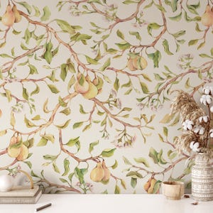 Fruit Tree Wallpaper - Farmhouse Wallpaper, Neutral Nursery, Removable Peel & Stick Canvas Green Yellow Botanical Chinoiserie Fruit 0411-52