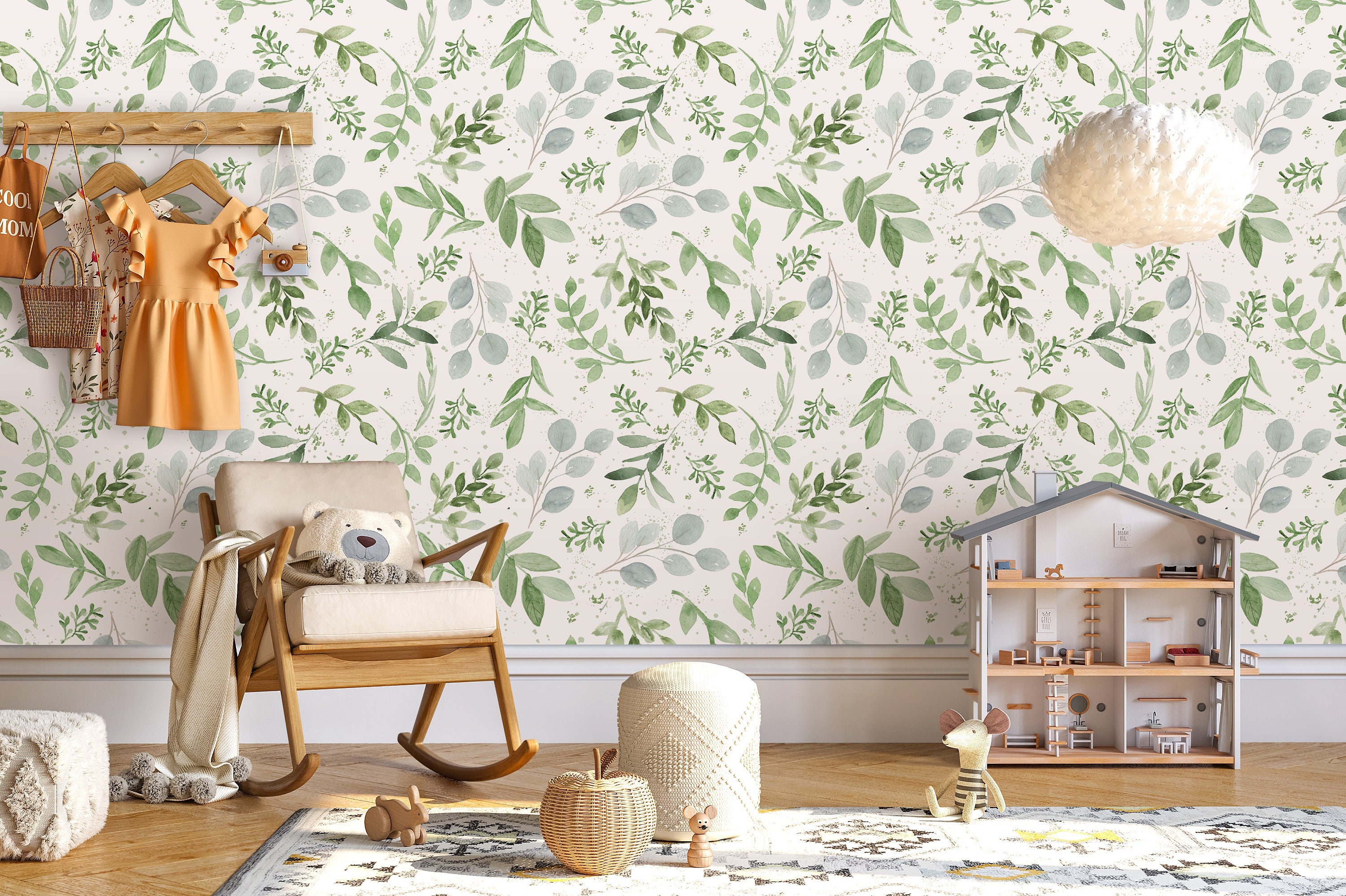 PREPASTE Matte WALLPAPER Caroline Green Large Neutral Nursery Bathroom  Eucalyptus Greenery Farmhouse REMOVABLE Pre-pasted Prepasted 0160L 