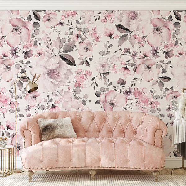 Pink Floral Wallpaper Peel and Stick, Large Watercolor Peony Wall Mural, Romantic Cottage Botanical Wallpaper ROSIE 0191-78