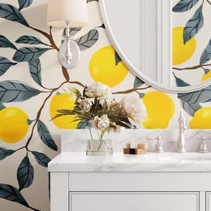 Peel and Stick FABRIC Wallpaper - Minimalist Scandinavian Removable Wallpaper, Lemons Wallpaper, Home Decor Fruit Tree Wallpaper 0407-52