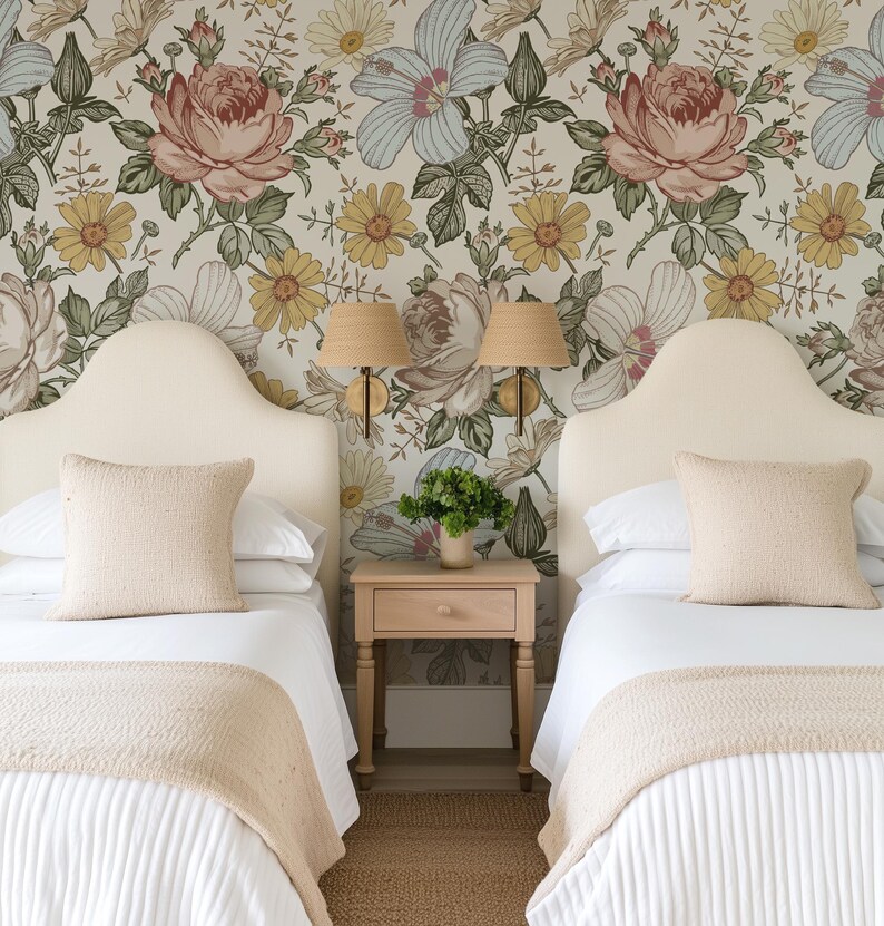 Vintage Botanical Baby Room Wallpaper, Removable Peel Stick Fabric, Floral Wallpaper for Board and Batten Walls CAMILA 0130-52 image 9