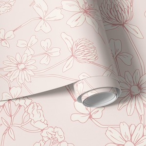 Blush Pink Wildflower Wallpaper - Removable Wallpaper Peel and Stick FABRIC, Pink Floral Romantic Nursery, Peony Mural Self Adhesive 0404-78