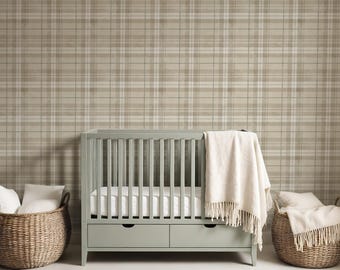 Neutral Plaid Nursery Wallpaper, Beige Tartan Wallpaper, Rustic Farmhouse Wallpaper T0043-26