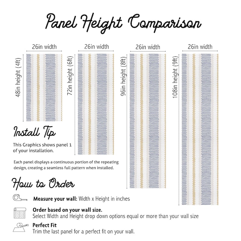 Op de afbeelding: Een grafiek die paneelhoogtes voor wanddecoratie vergelijkt. De afbeelding toont vier panelen met een breedte van 66 cm. Hoogtes zijn 122 cm (4ft), 183 cm (6ft), 244 cm (8ft) en 274 cm (9ft). De panelen hebben een gestreept ontwerp in blauw, beige en wit.