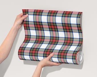Removable Peel & Stick FABRIC WALLPAPER | Plaid Stewart Dress Clan, Red Green Tartan Wallpaper T006-13
