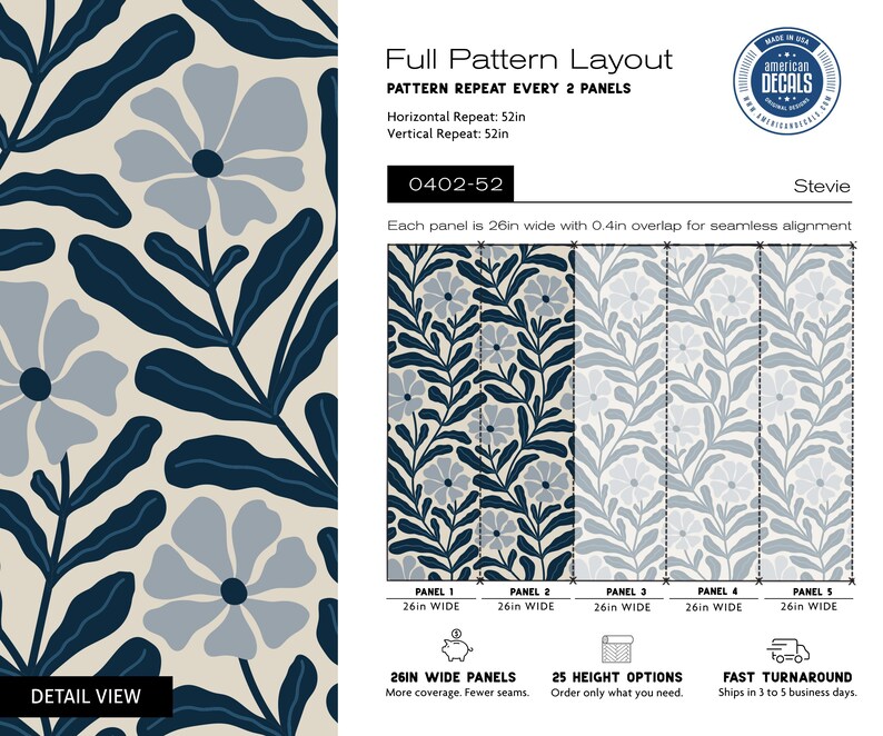 Scandinavian Navy Blue Powder Room Wallpaper, Floral Bathroom Wallpaper 0402-52 image 4