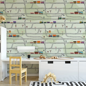 Trains Green PRAIRIE Wallpaper Boys Bedroom Nursery Wall Mural Kids Removable Self Adhesive Fabric Wallpaper Easy Install Wall Mural Boy