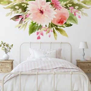 Watercolor Flower Dahlias Wall Decals DELILAH JADE Border Roses Blooms Peonies Removable Wallpaper Floral Décor Girls Baby Room Pink Nursery