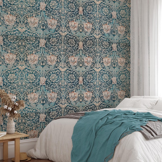 William Morris Bedroom Wallpaper, Moody Floral Wallpaper, MCM Wallpaper 0361-78