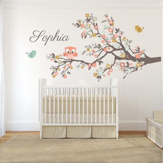 Girls Nursery Wall Decals Woodland Animals Tree Branch Flowers Owl Sticker Printed Vinyl Kids Personalized With Name Baby Room Decor