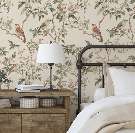 Nursery Wallpaper, Chinoiserie Wallpaper, Bird Wallpaper, Whimsical Wallpaper, Peel and Stick Wallpaper 0392-52