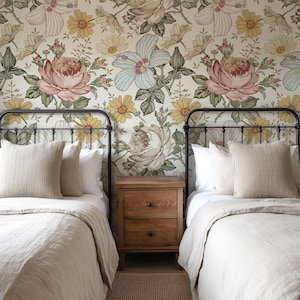 Vintage Botanical Wallpaper, Floral Wallpaper Mural, Removable Peel and Stick FABRIC Wallpaper CAMILA 0130-52