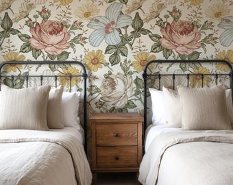 Vintage Botanical Wallpaper, Floral Wallpaper Mural, Removable Peel and Stick FABRIC Wallpaper CAMILA 0130-52