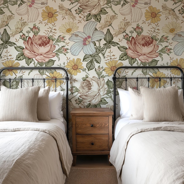 Vintage Botanical Wallpaper, Floral Wallpaper Mural, Removable Peel and Stick FABRIC Wallpaper CAMILA 0130-52