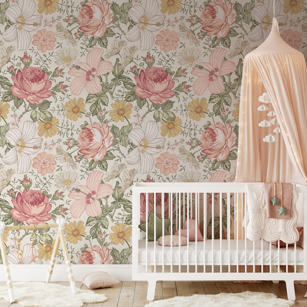 Pink Floral Nursery Wallpaper, Whimsical Flower Wallpaper, Removable ...