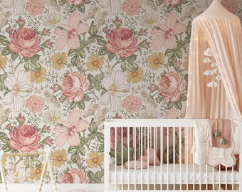 Pink Floral Nursery Wallpaper, Whimsical Flower Wallpaper, Removable Wallpaper OLENA 0131-52